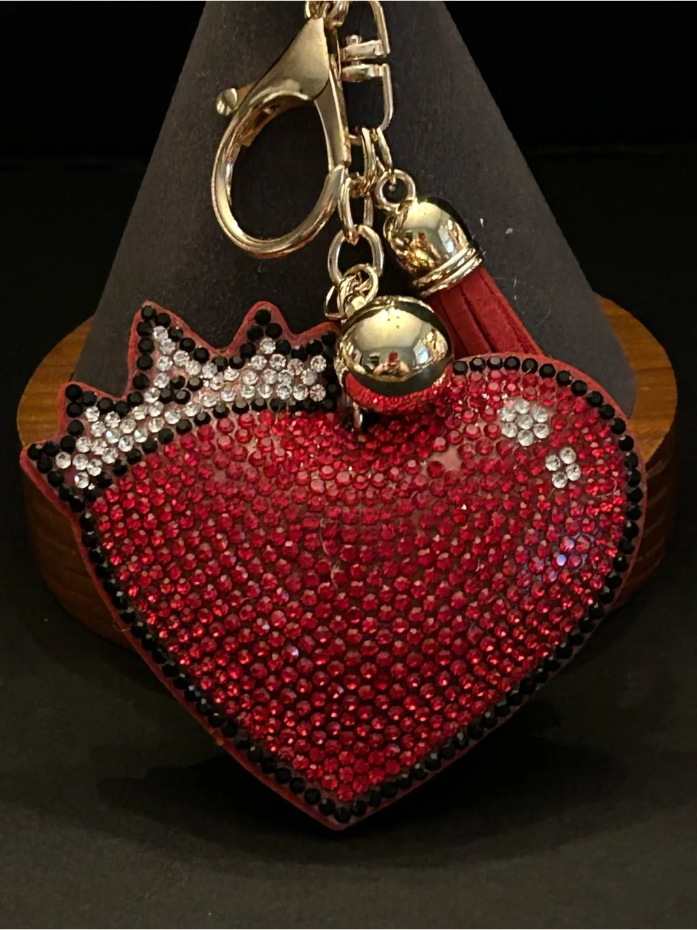 PREMIUM Puffy Red Crystal Heart Crown 👑 Bag Charm Keychain w/Gold Hardware